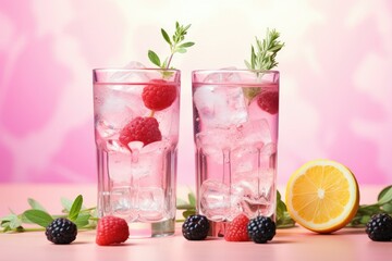 Glasses of sparkling water infused with berries and herbs
