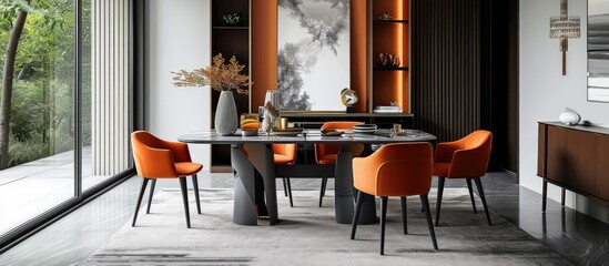 Contemporary dining space with a stylish rectangular table, four orange chairs, and a patterned...