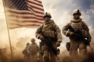 military squadron walking in the dust with the american flag - obrazy, fototapety, plakaty
