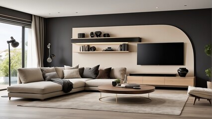 Stylish Modern Living Room with Elegant Sofa, Wooden Coffee Table, and Mounted Television in a Luxurious Home Interior