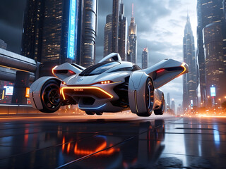 Futuristic car glides effortlessly down a city street, defying gravity with wheels suspended above the ground, embodying a seamless blend of speed and levitation.