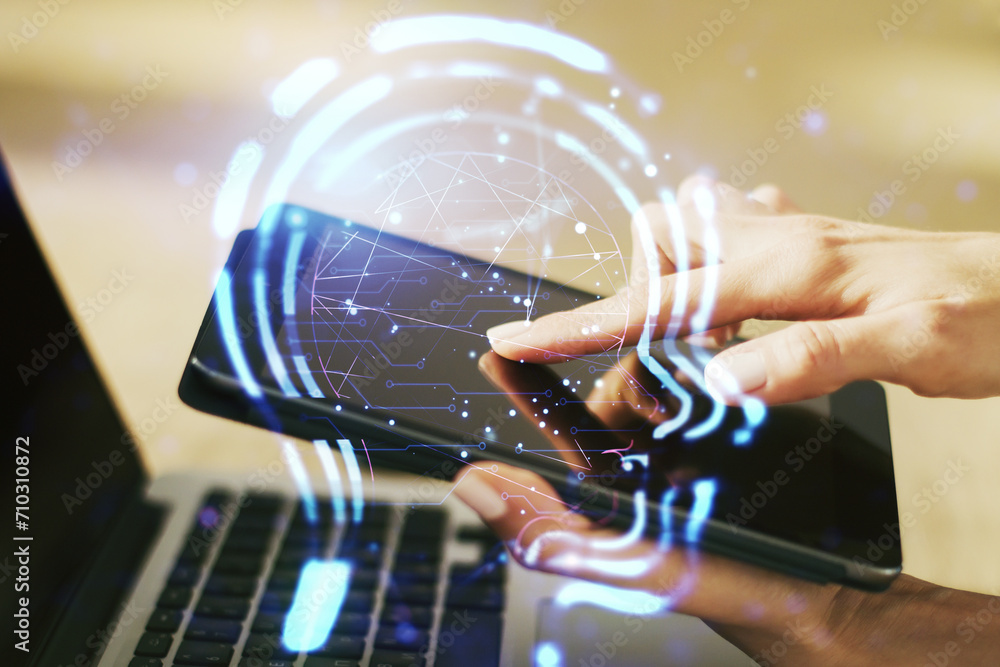 Poster creative artificial intelligence concept with human head hologram and finger clicks on a digital tab