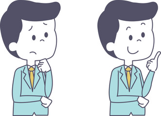 スーツ姿　困る　ひらめく　若い男性