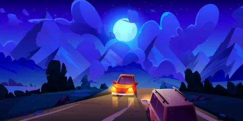 Sierkussen Oncoming traffic on asphalt road in middle of meadows with bushes and trees leading to mountains at night. Two cars with headlights on driving towards in dusk. Cartoon dark landscape under moon light. © klyaksun