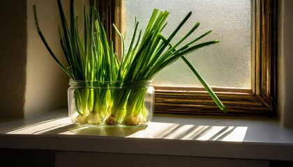 plant in a vase.a visually appealing photograph of a sunlit window, showcasing a jar filled with lush green onions on the sill. Highlight the interplay between light and shadows to accentuate the text