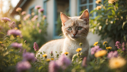 Adorable kitten explores a charming garden, surrounded by vibrant blooms, capturing the essence of playful innocence amid a colorful floral paradise.