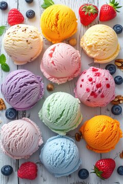 Artistic ice cream flat lay, scoops of pastel-colored ice cream decorated with fresh fruits and nuts, light wooden surface