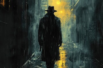 Noir comic book illustration, a detective in a rain-soaked alley, dramatic lighting, and moody atmosphere