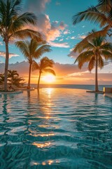 Relaxing poolside scene at a tropical resort, palm trees swaying, golden sunset light reflecting on the water