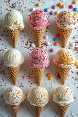 Whimsical ice cream flat lay with playful toppings and sprinkles, bright and cheerful arrangement, white background