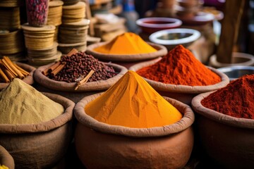 An image featuring a variety of spices presented in bowls on a table, A variety of spices in a Moroccan spice market, AI Generated