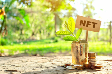 Invest on NFT or non-fungible token cryptocurrency concept. Jar of coins with growing plant at...
