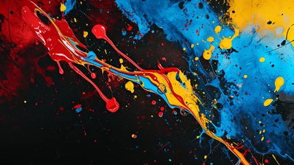 Fotobehang 水彩画インクの背景画像_青・赤・黄色の原色 Abstract colorful blue red yellow color painting illustration. Background of watercolor splashes. Primary colors [Generative AI] © Tatsuya