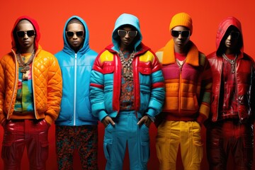 A group of mannequins featuring a vibrant collection of colorful clothing showcased for display purposes, A vibrant mosaic of hip hop fashion trends, AI Generated