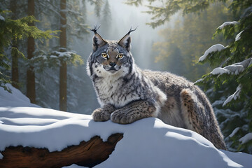Majestic lynx gazes across a serene snowy landscape, embodying the spirit of the wild, its sharp eyes keenly observing the tranquil beauty of the winter scene.