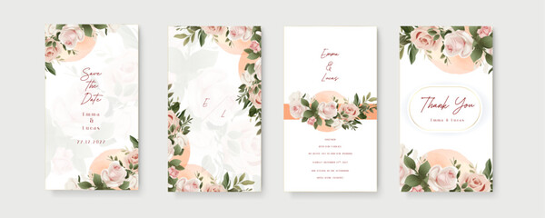 Pink rose vector wedding invitation card set template with flowers and leaves watercolor. Wedding invitation template in portrait or story orientation for social media poster