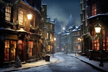 Fototapeta premium A wintry city scene at night, featuring a charmingly decorated Christmas tree on a snowy street, A Victorian street scene on a snowy evening, AI Generated
