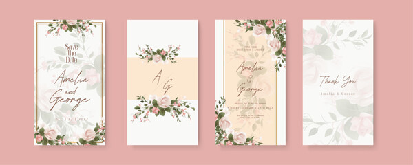 Pink rose wedding invitation card template with flower and floral watercolor texture vector. Wedding invitation template in portrait or story orientation for social media poster