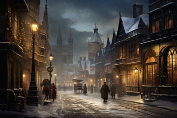 A winter street scene captured with people casually walking through the snowy landscape, A Victorian street scene on a snowy evening, AI Generated - obrazy, fototapety, plakaty