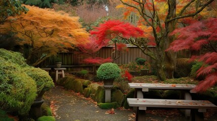 Outdoor courtyard decorated with red maple trees, park full of maple trees, Japanese garden, Japanese back garden，bench in autumn park