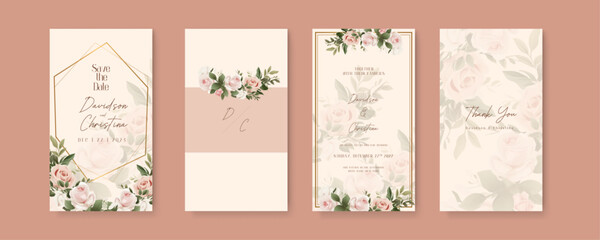 Pink and beige rose artistic wedding invitation card template set with flower decorations. Wedding invitation template in portrait or story orientation for social media poster