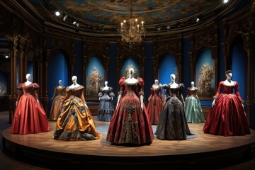 An array of womens dresses showcased for viewing at a museum exhibition, A Victorian-era royal court with elaborate gowns, AI Generated - obrazy, fototapety, plakaty