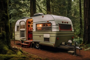 An RV is parked in a wooded area, its door wide open inviting exploration and adventure, A vintage camper vehicle turned into a compact travel home, parked in the wilderness, AI Generated