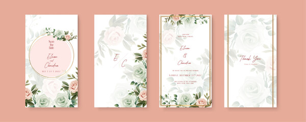 Pink and green rose vector wedding invitation card set template with flowers and leaves watercolor. Wedding invitation template in portrait or story orientation for social media poster