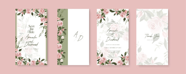 Pink and white rose floral wedding invitation card template set with flowers frame decoration. Wedding invitation template in portrait or story orientation for social media poster