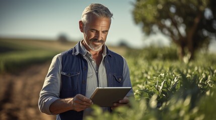 Smart farmer Handsome, smiling with confidence using a tablet to monitor plant growth on a farm for sustainable digital farming
