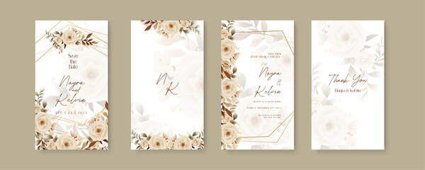 Beige rose vector elegant watercolor wedding invitation floral design. Wedding invitation template in portrait or story orientation for social media poster
