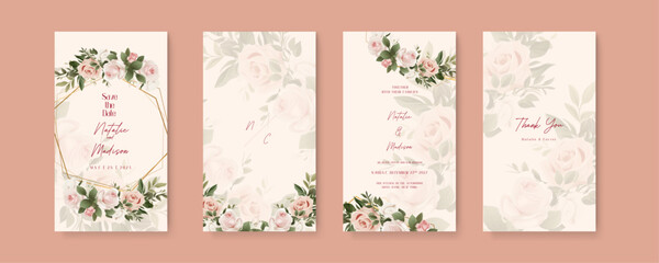 Pink rose vector wedding invitation card set template with flowers and leaves watercolor. Wedding invitation template in portrait or story orientation for social media poster