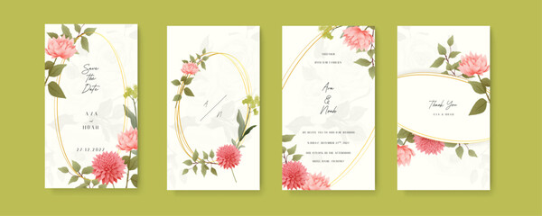 Pink chrysanthemum elegant wedding invitation card template with watercolor floral and leaves. Wedding invitation template in portrait or story orientation for social media poster