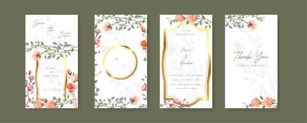 Peach rose modern wedding invitation template with floral and flower. Wedding invitation template in portrait or story orientation for social media poster