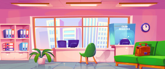 Bank office interior with large window. Vector cartoon illustration of room with cityscape view in window, computer on desk, chair and couch for clients, cash desk behind glass wall, folders on shelf