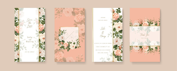 Peach and beige rose wedding invitation card template with flower and floral watercolor texture vector. Wedding invitation template in portrait or story orientation for social media poster