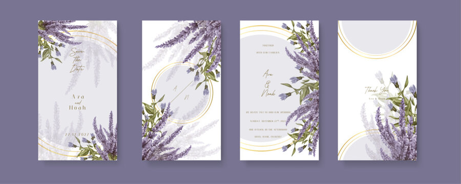 Purple violet lavender elegant wedding invitation card template with watercolor floral and leaves. Wedding invitation template in portrait or story orientation for social media poster