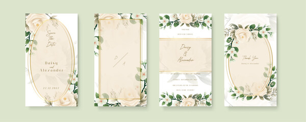 Beige rose vector wedding invitation card set template with flowers and leaves watercolor. Wedding invitation template in portrait or story orientation for social media poster