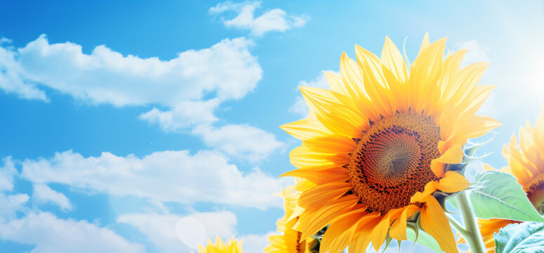 sunflowers picture, in the style of light sky-blue and azure, translucent planes, bright backgrounds, radiating lines, vibrant stage backdrops, lightbox, shaped canvas
