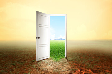The wooden door opened for a better climate environment. The transition from drought land to fertile land