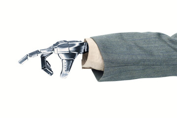 Robot hand in business suit reaching something