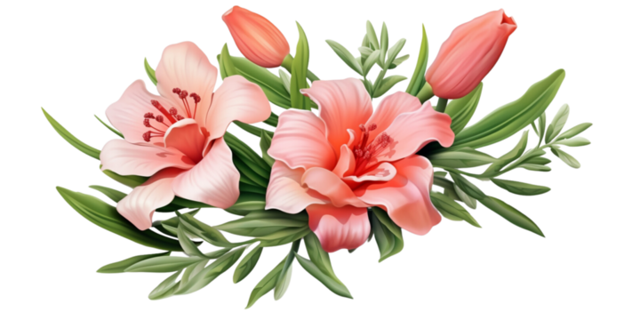 coral lilies, eustoma flowers and green leaf ruscus in flower arrangements Artificial Intelligence Generative