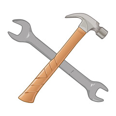 crossed hammer and wrench illustration isolated on white background. illustration of crossed hammer and wrench. mechanical and construction tools illustration.