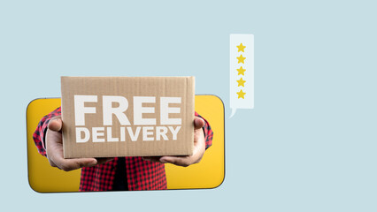 Human hand coming out from mobile phone screen for packet delivery with free delivery text and...