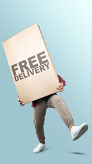 People carrying large packets for delivery with free delivery text