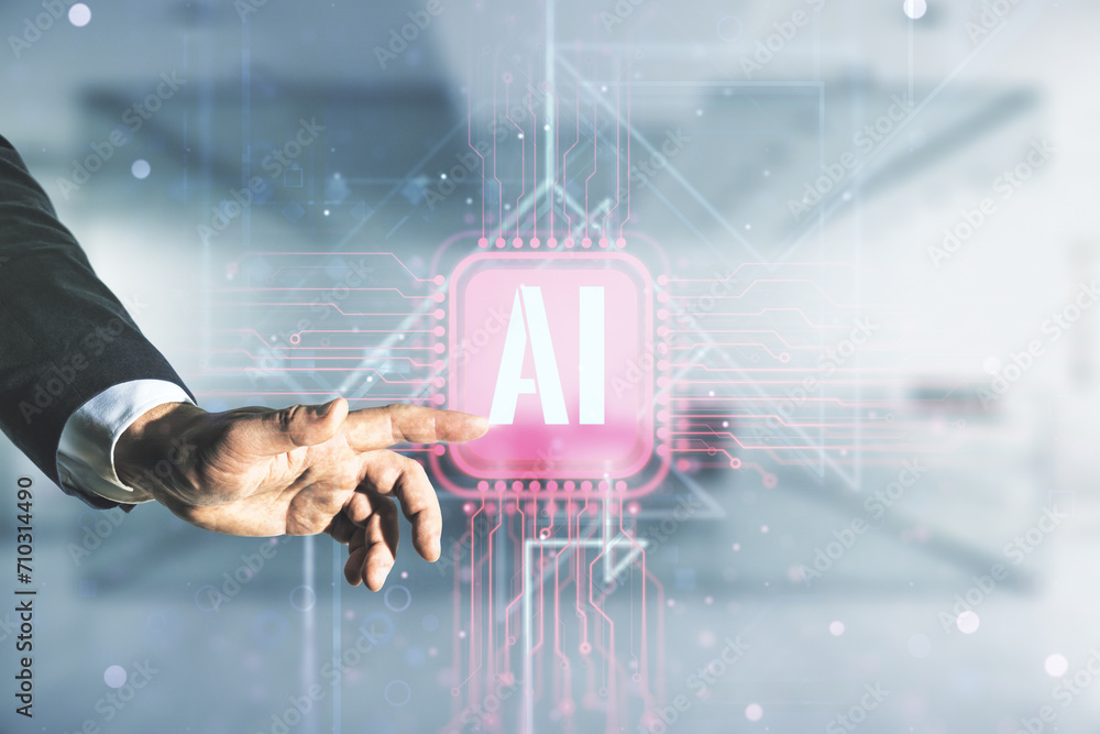Poster man hand clicks on creative artificial intelligence symbol hologram on blurred office background. do