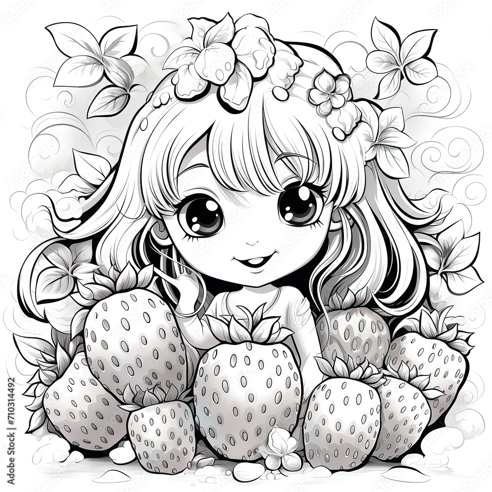 Poster kids coloring sheet with cute doll with strawberries