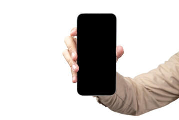 People hand shows a mobile phone with a blank screen