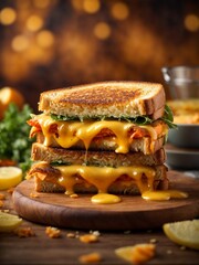 Grilled Cheese sandwich with a crisp, buttery exterior and gooey cheese center, cinematic food photography