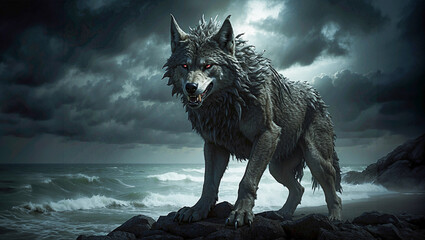 Mythical Fenrir, the wolf of legend, prowls with primal intensity along the untamed shore, embodying the essence of ancient power in a haunting seaside hunt.